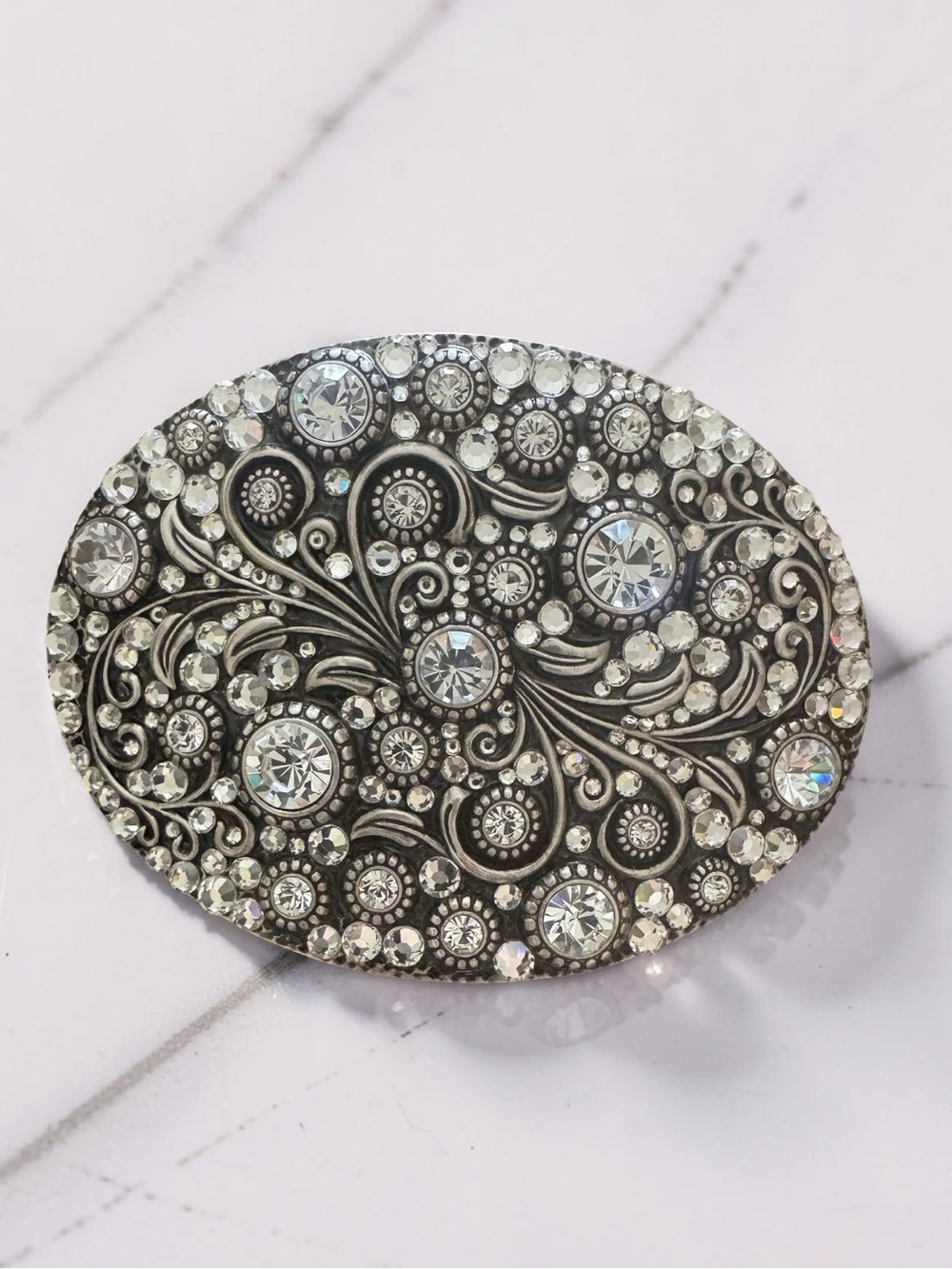 Crystal Embellished Oval Western Belt Buckle - Silver Crystal